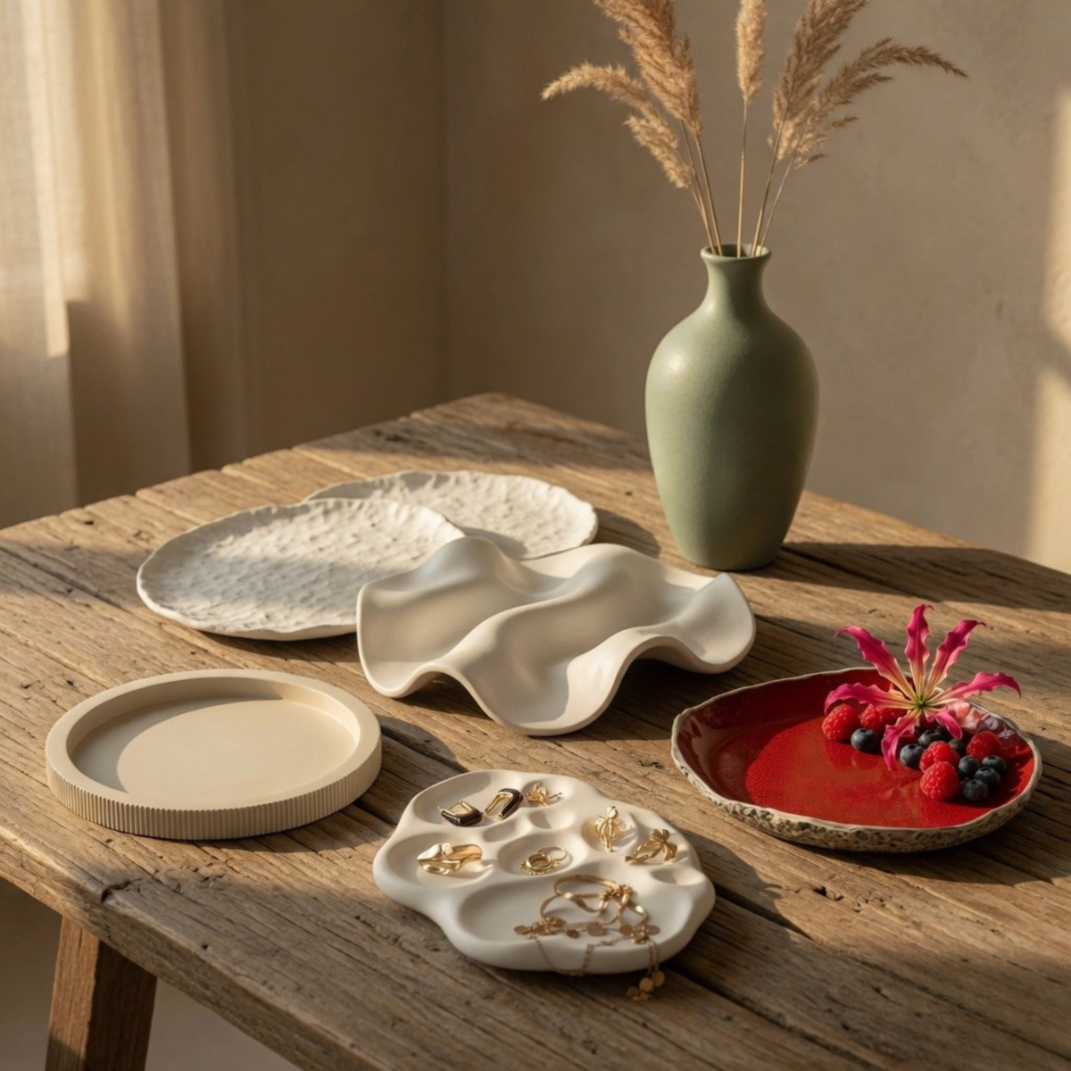 Ceramic Sculptural Vase, Bowl, Tray, Stoneware, Teapot, Spoon, Leaf, Light