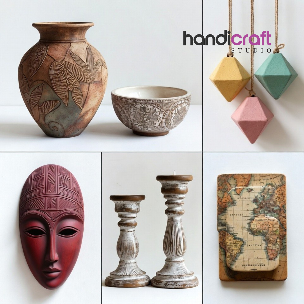 Indian artisan holding handmade paper mache art pieces showing brush details and textured finish