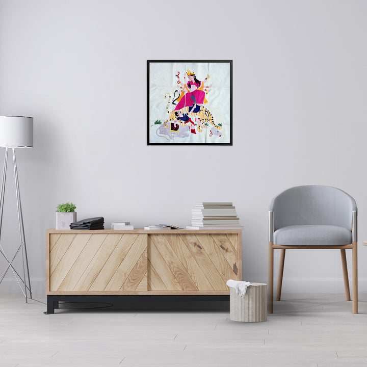 Modern living room with wooden cabinet, gray chair, and colorful abstract art on the wall.