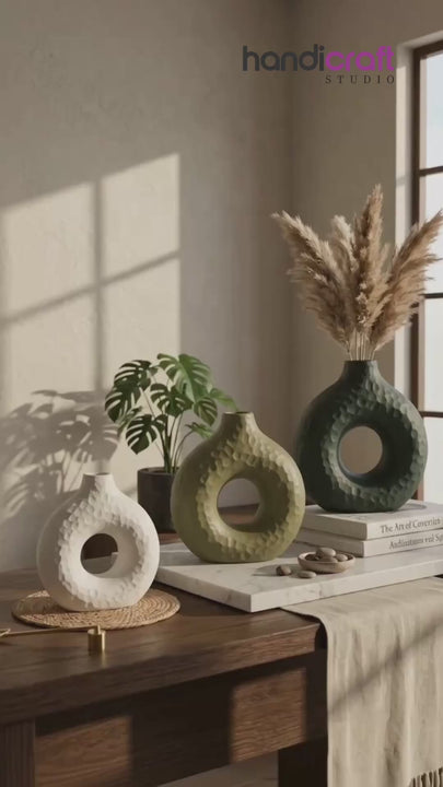 Donut vase shaped by skilled artisans shown against a clean natural backdrop