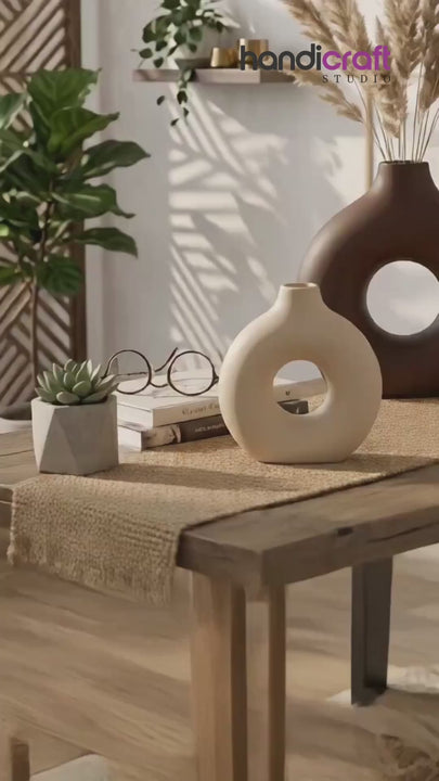 Donut vase ceramic surface in close up showing its smooth and rich glazed finish