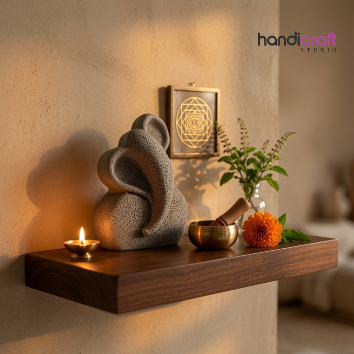 Speckled grey ceramic stoneware Ganesha statue shown styled across a home — entryway, altar, living room shelf, desk, and bedside table.
